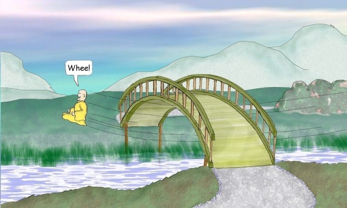 Young Buddha levitating under a bridge